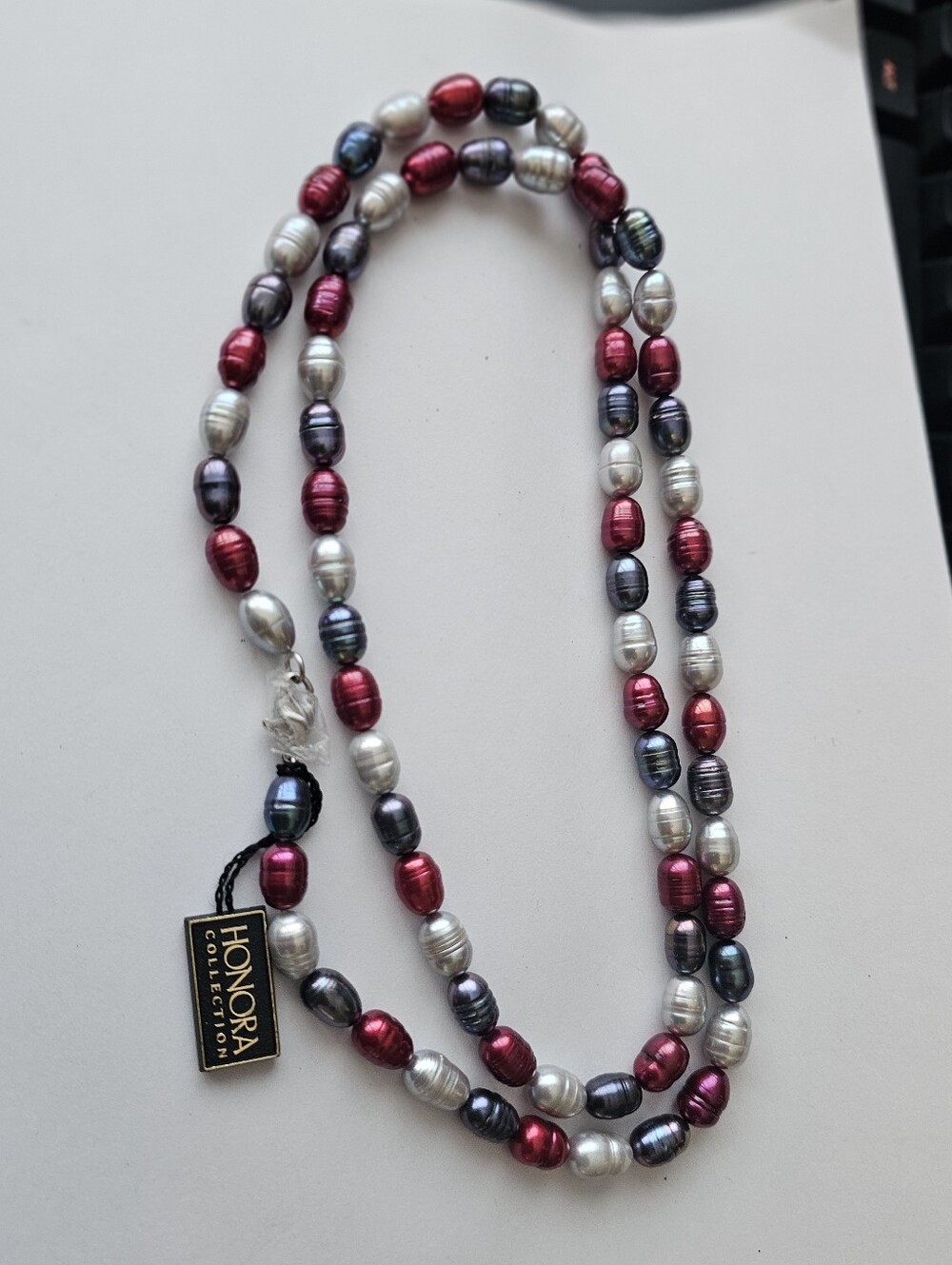 Honora Multicolor Pearl Necklace - Red, Silver, Blue Pearls 34" NOS, 925